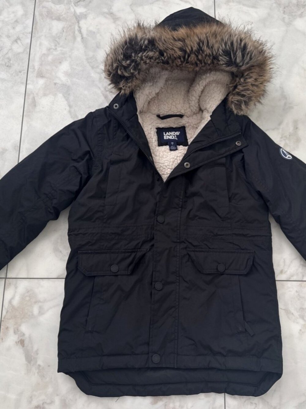 Lands End Coat Expedition Winter Duck Down Parka Kids M 8 Sherpa Faux Fur Hooded